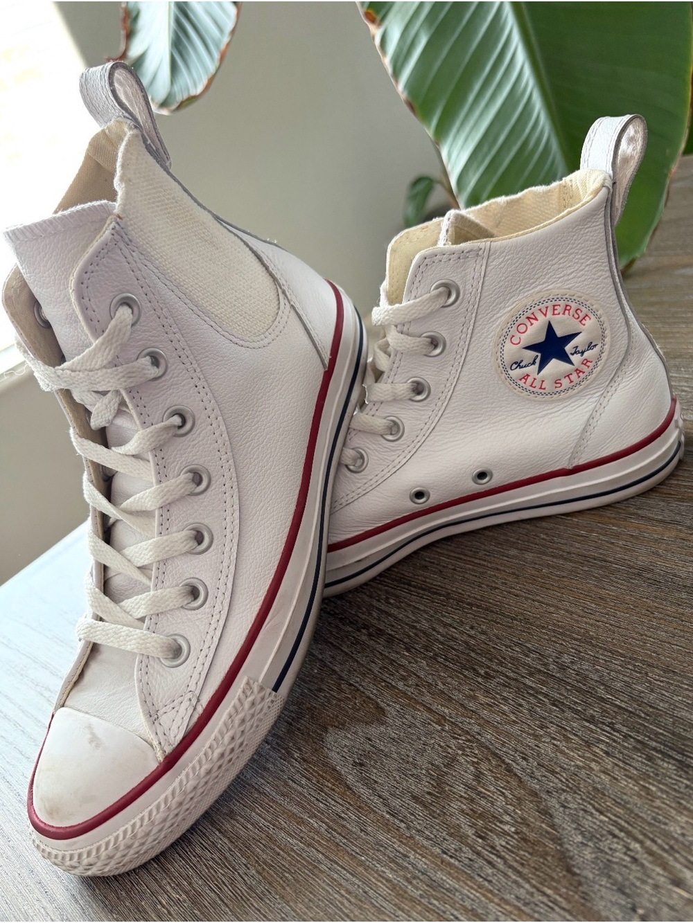 Converse Leather White High Top Sneakers with Red & Navy Accents